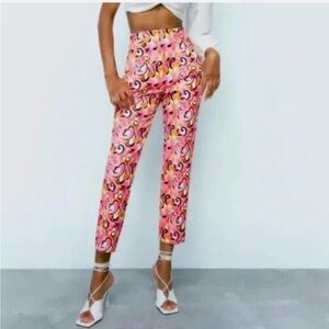 ZARA Mod 70’s Funky Paisley Pink‎ Orange Pants Cropper High Waist Size M Party